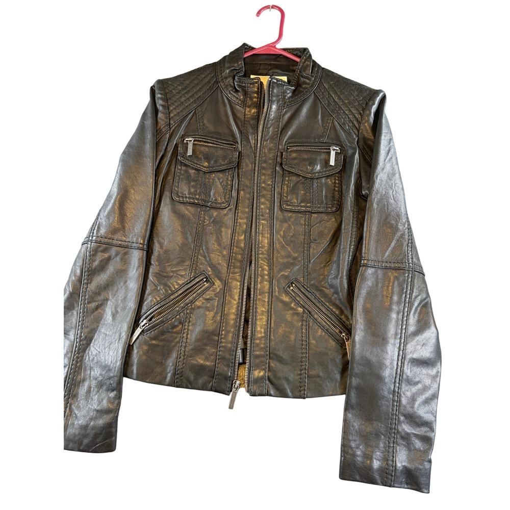 Michael Kors Womens Black Faux Leather Moto Jacket Quilted Shoulder Size M
